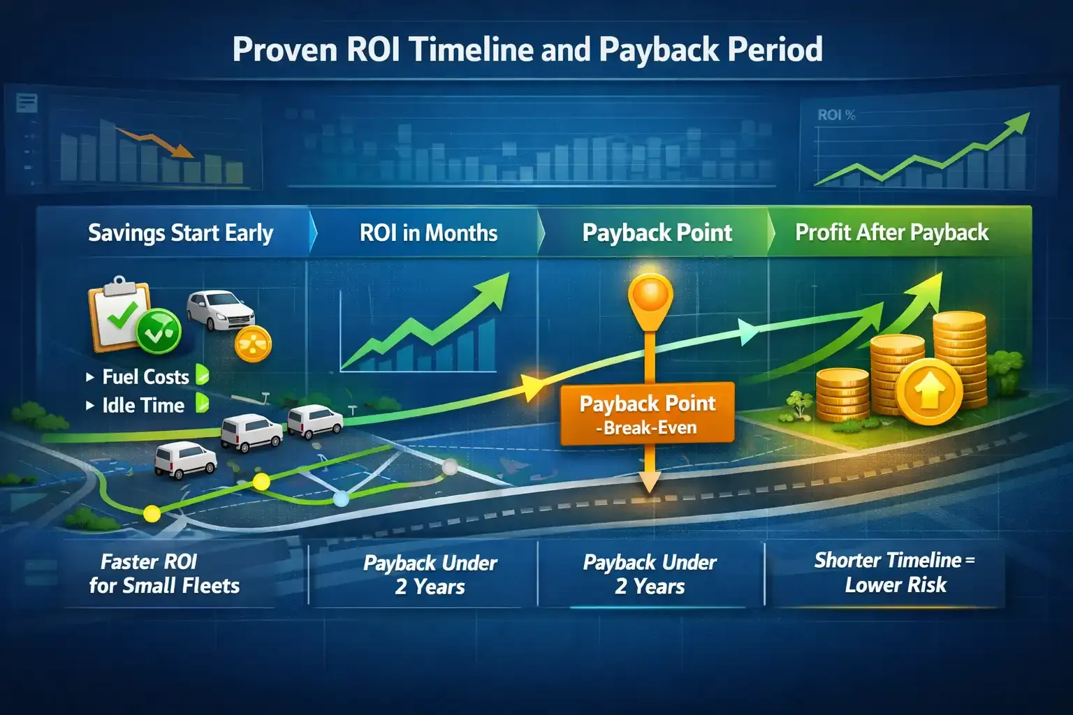 ROI timeline dashboard showing savings, payback point, and profit growth